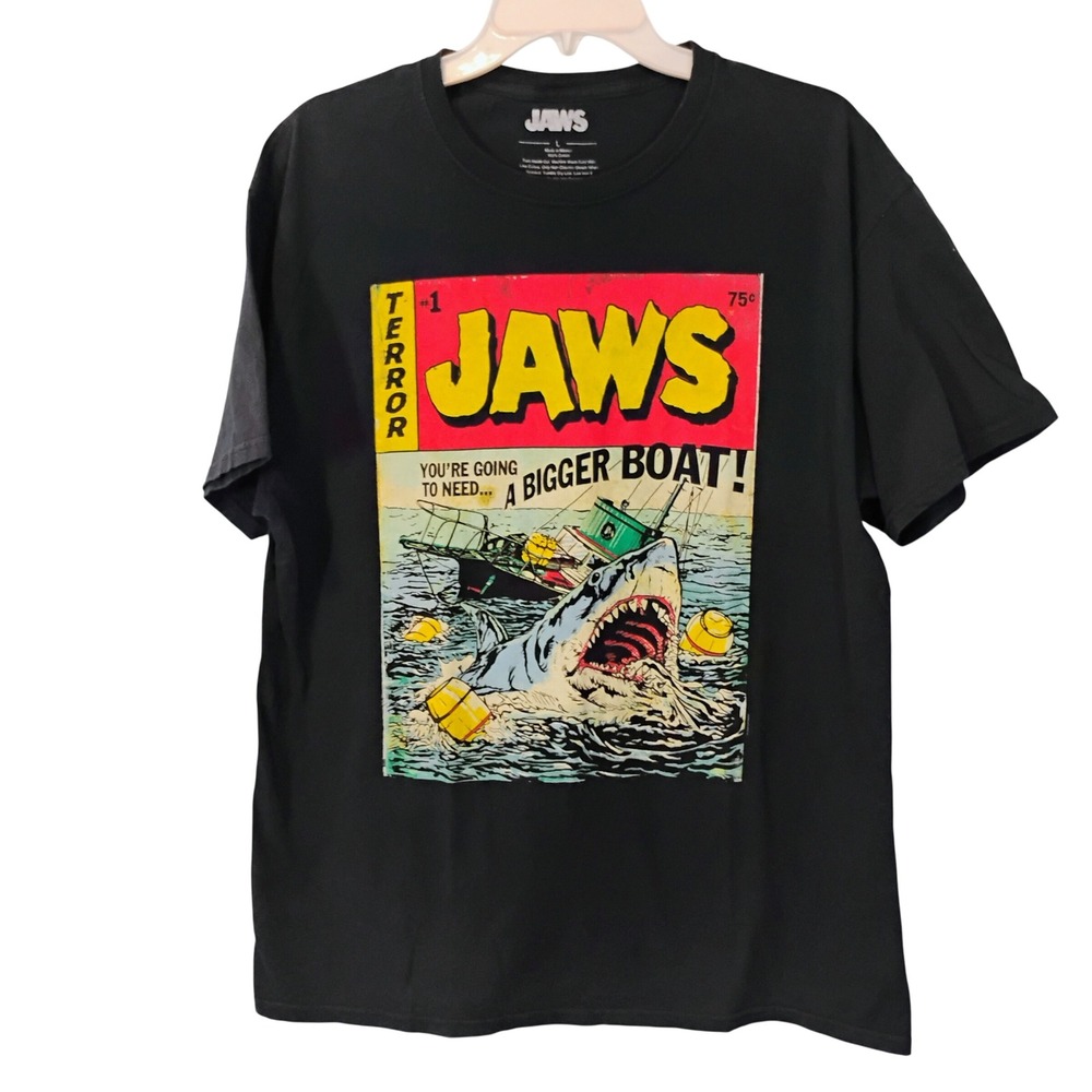Jaws Movie Graphic Tee Mens Large Black Comic Book Cover Bigger Boat Shirt